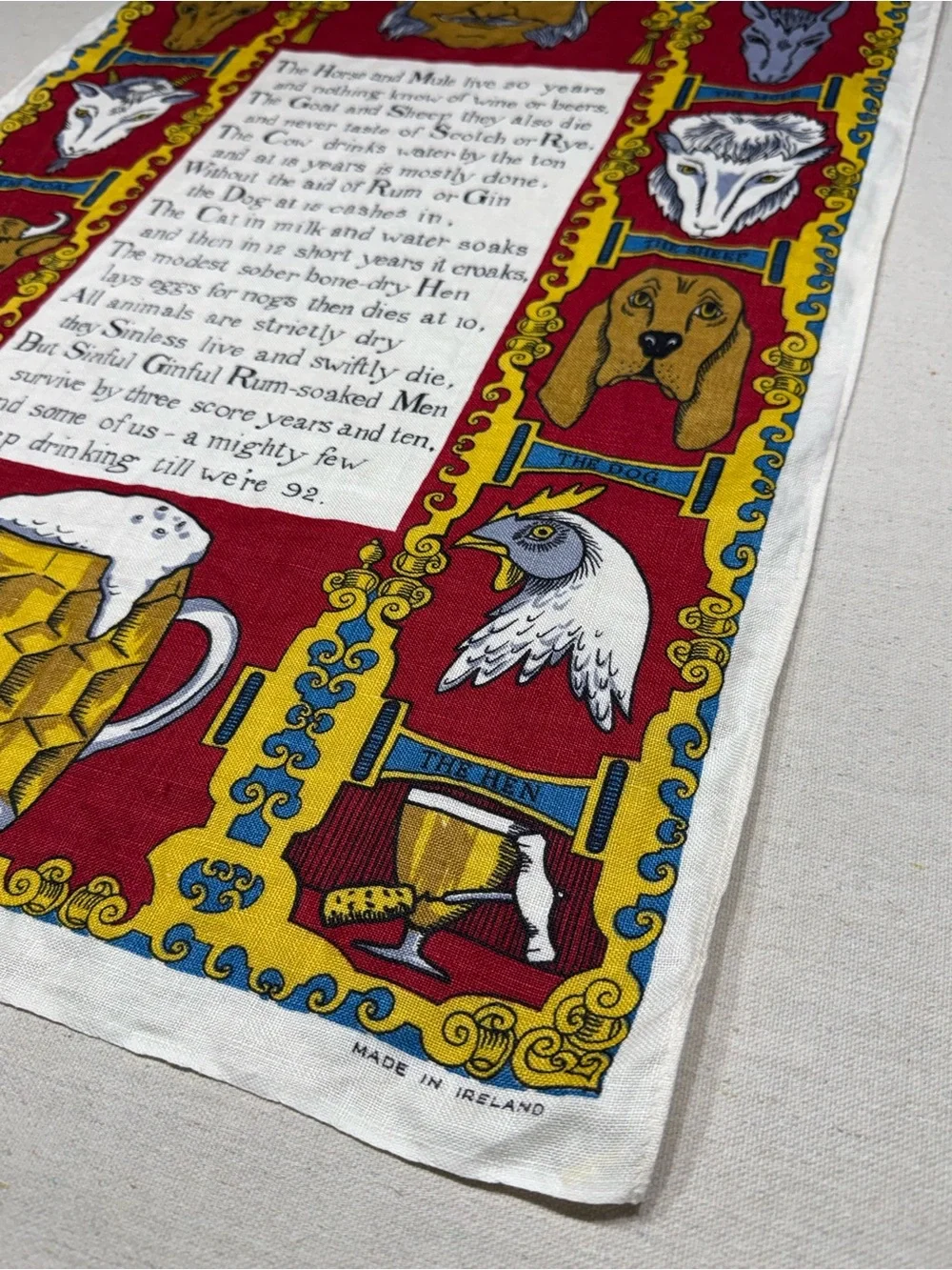 Vintage Irish Linen Tea Towel with Animal Motif and Poem - Red, Yellow, Blue